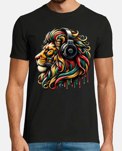 T-shirt cuffie per musica reggae rasta leone gi