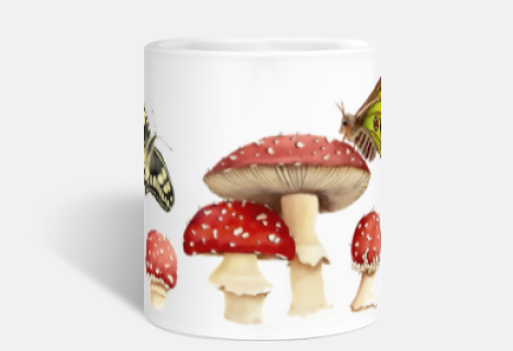 cup of amanitas and butterflies