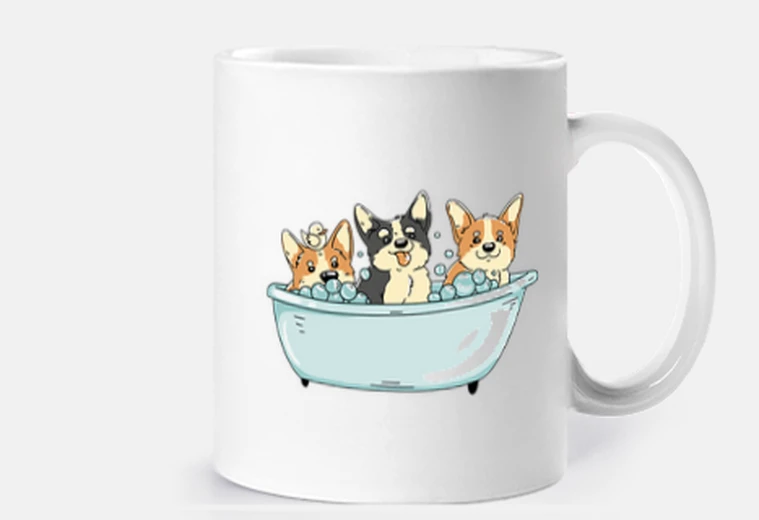 Cup cute corgi taking a bath, woman who loves corgis