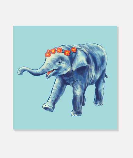 Wall Cute Elephant In Blue With Flowers