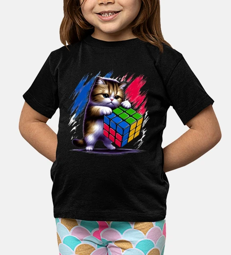 Kids cute kitten plays rubik&#39;s cube french flag