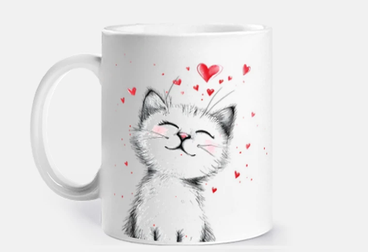 cute kitten with kawaii hearts cup to personalize coffee tea infusion croissants
