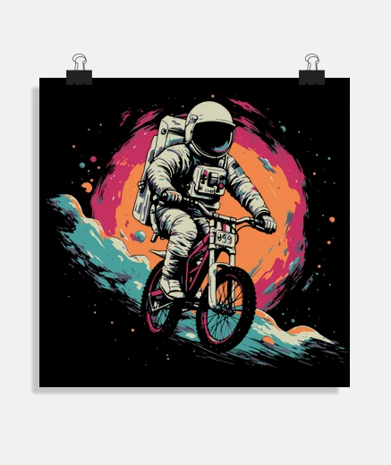 Poster cycliste cosmonaute qui fait du vélo sur astronaute étoiles nuit des  affiche poster tableau chambre