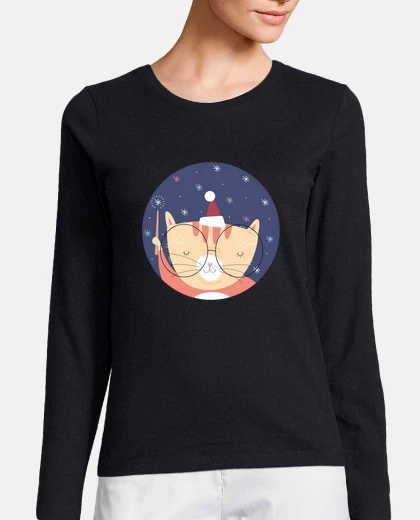 Playera de navidad del gato ... creer en la magia! mujer de manga larga camiseta