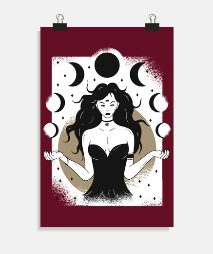 Poster déesse de la lune avec les phases lunaires, affiche ésotérique , ambiance médiévale, 