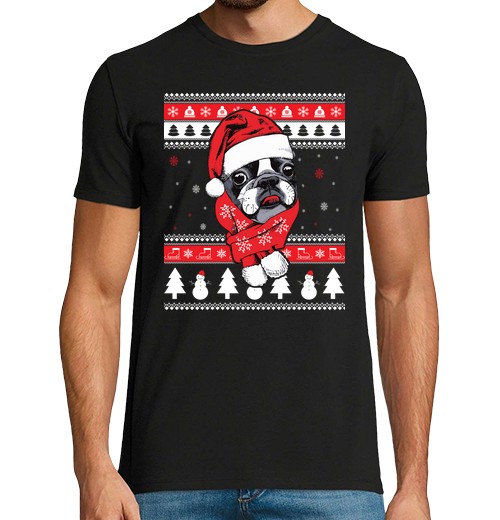 Camiseta Hombre Manga Corta Perro Boston Terrier Ugly Navidad laTostadora