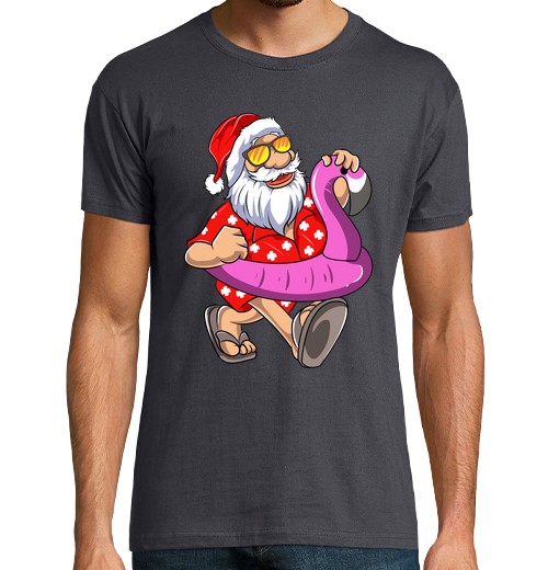 Camiseta Hombre Manga Corta Papá Noel Flotador Flamenco Verano Navidad Humor laTostadora