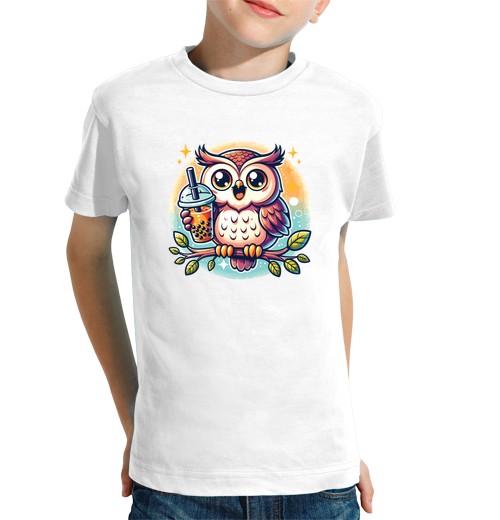 T-shirt bambino manica corta gufi kawaii bubble tea boba gufo