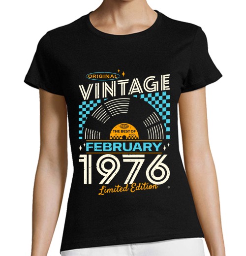 T-shirt donna taglio classico maniche corte vintage febbraio 1976