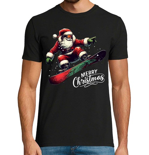 Camiseta Hombre Manga Corta Papá Noel snowboarder feliz navidad laTostadora