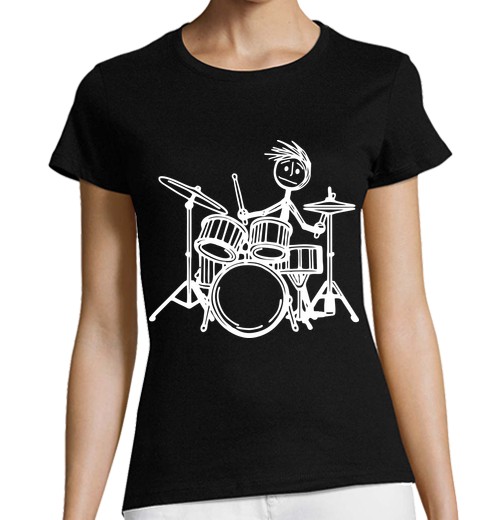 T-shirt donna taglio classico maniche corte batterista rocker stickman