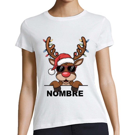 Camiseta Mujer Manga Corta Nombre personalizado reno de Navidad laTostadora