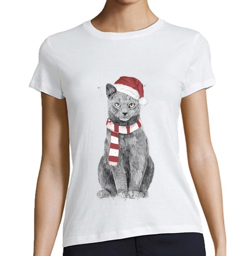 Camiseta Mujer Manga Corta gato de navidad laTostadora
