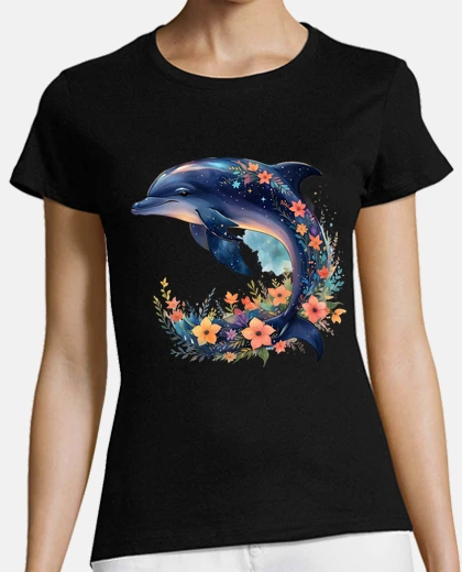 T-shirt delfino fiori arancioni