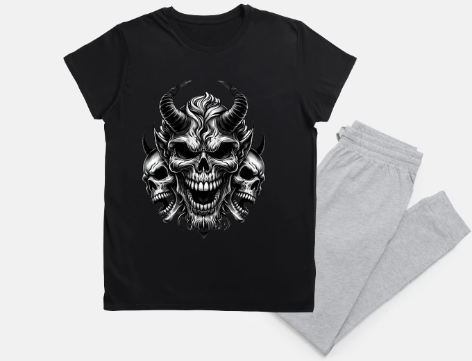 Pijama Demonio Calavera Feroz en Blanco y Negro con Calaveras Laterales