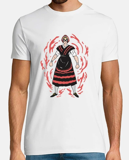 T-shirt design con una donna vestita da supereroe galiziano