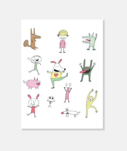 Tableau dessins enfantins marrants et dadaistes, home staging 
