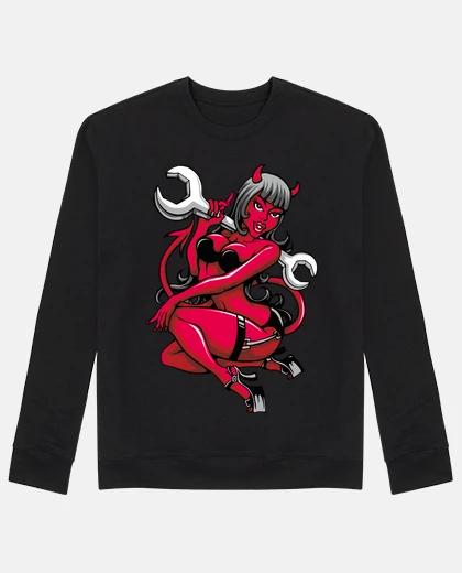 Hoodie devil pin-up girl with tool wrench