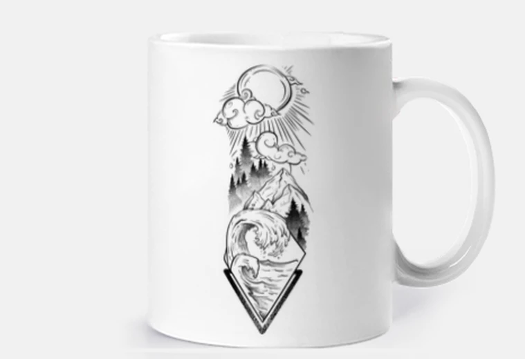Taza dibujo paisaje montaña y océano dotwork