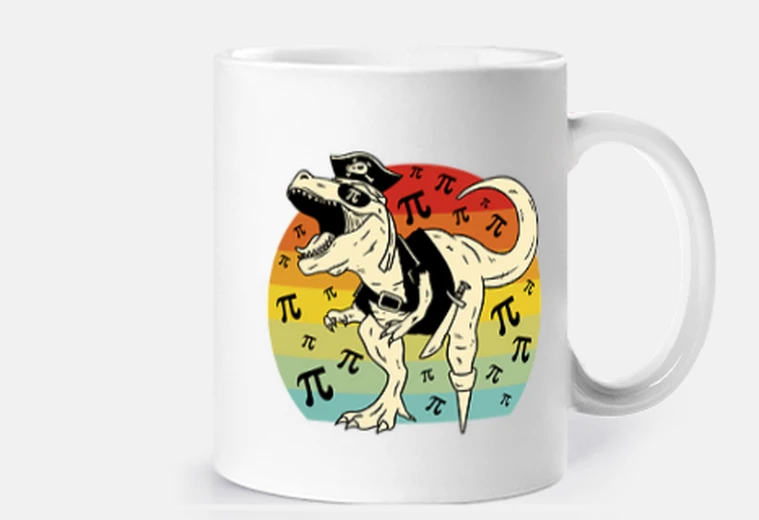 Cup dinosaur policeman, on rainbow background, vintage village,
