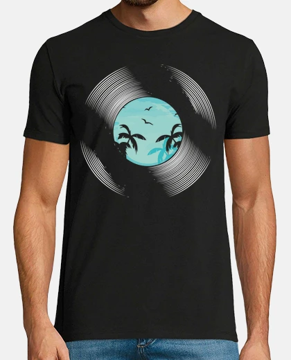 Camiseta Disco Vinilo Paisaje Luna y Palmeras Az