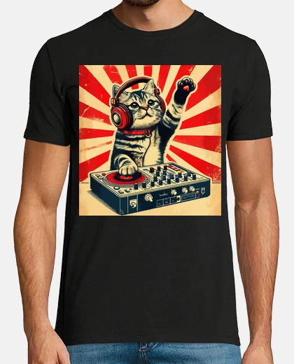 T-shirt divertente deejay gatto di casa retrò v