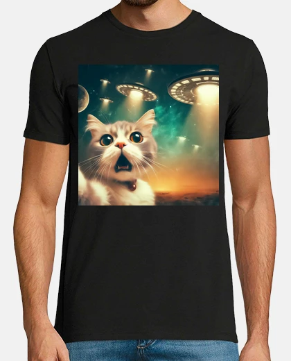 T-shirt divertente selfie di gatto con ufo