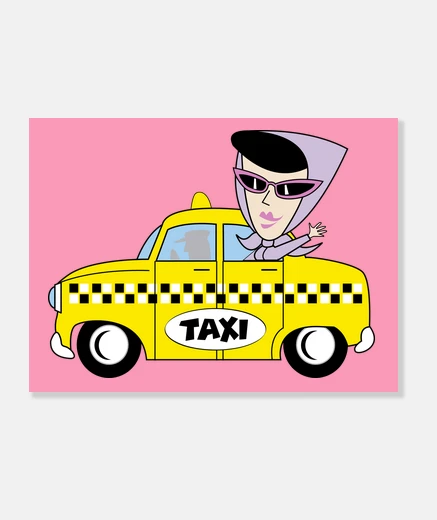 Stampa divertente tela originale ragazza alla moda in taxi agitando