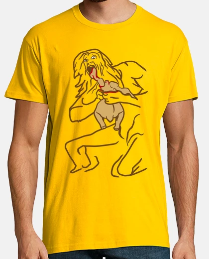 T-shirt divorando il suo pollo alla griglia