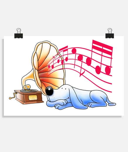Poster dog listening to music on a gramophone
