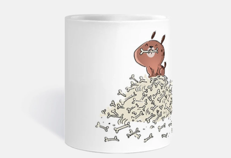 Cup dog with many bones