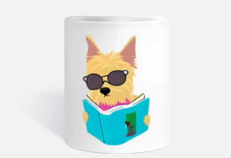Dog in sunglasses reading