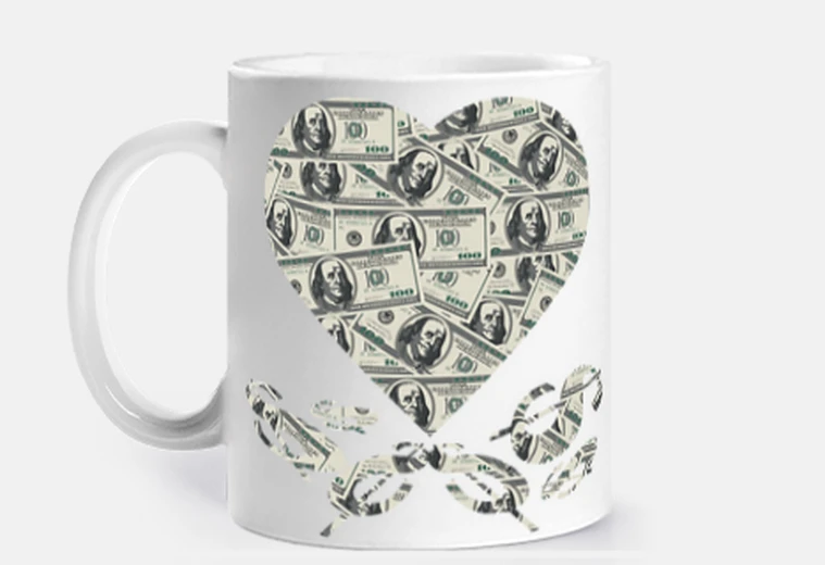 Cup dollars in the shape of a heart wall street cup to personalize coffee tea infusion us dollar