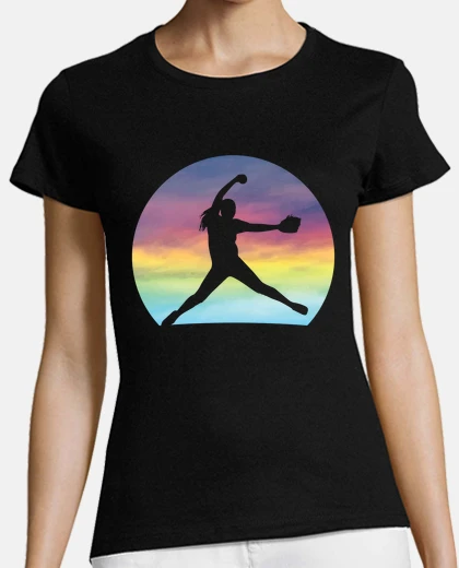 T-shirt donna softball lanciatore silhouette colorato retrò tramonto