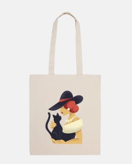 donna art deco con gatto nero, borsa tote