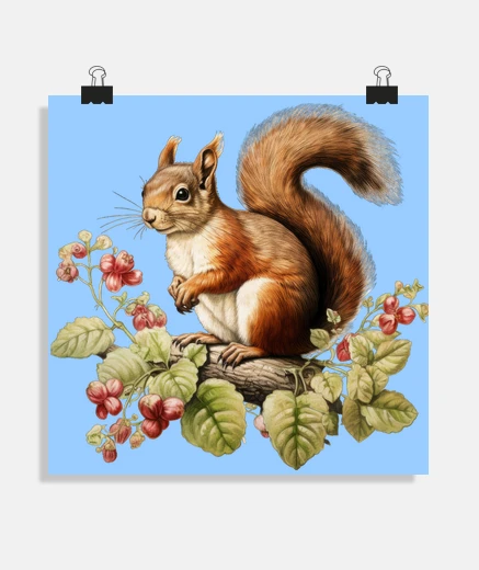 Poster écureuil roux mange noisettes mignon affiche decoration chambre bébé enfant poster cottagecore 