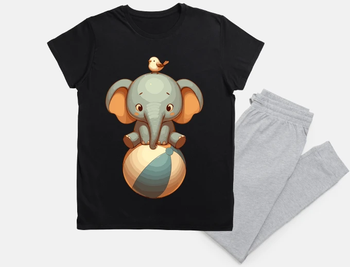 Pyjama éléphant de cirque avec oiseau sur ball