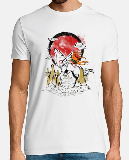 Tee-shirt encre okami - coucher de soleil de loup blanc - gamer