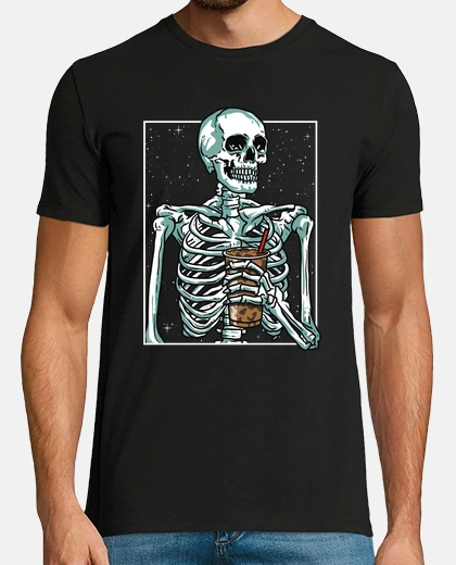 Camiseta Esqueleto Café Con Hielo Cafeína Calavera Skull Humor Terror