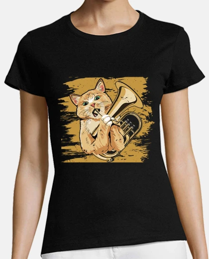 Playera euphonium playing cat in retro style