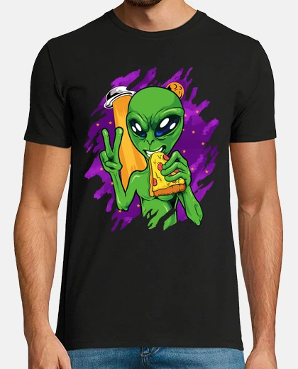 Tee-shirt extraterrestre mange de la pizza nourriture boisson ovni humour geek