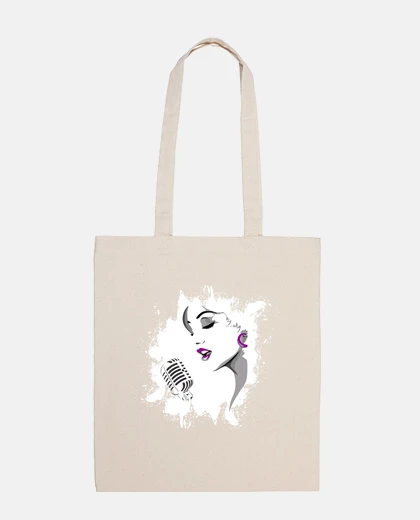 Bag face of a woman singing into a microphon