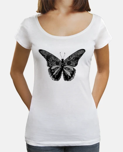 T-shirt farfalla nera di pizzo