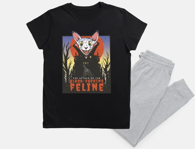 Pyjama feline vampire sucks blood. horror movie.