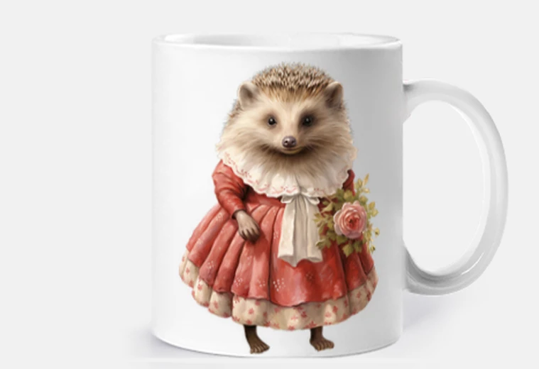 Cup female hedgehog evening dress cup coffee tea herbal tea croissants infusion
