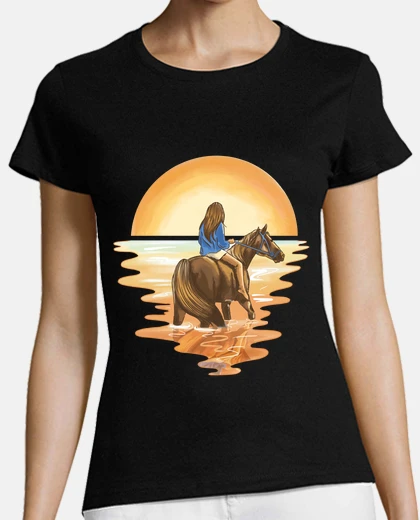 Tee-shirt femme à cheval , coucher de soleil ,