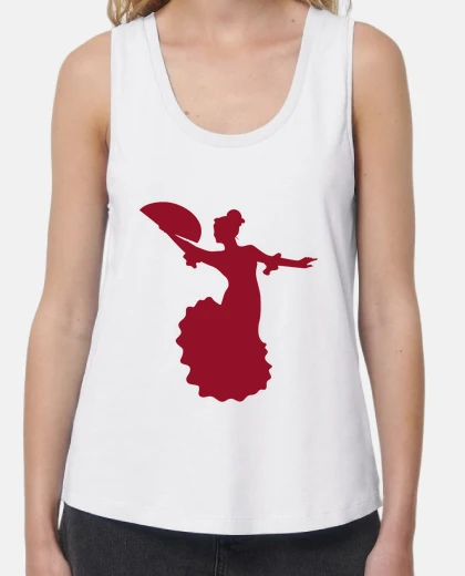 Tee-shirt femme, larges bretelles amples, blanc rouge sevillana