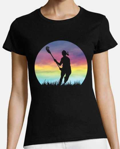 Tee-shirt femmes lacrosse silhouette coloré rétro coucher de soleil filles