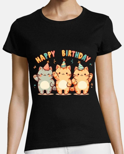 T-shirt festa di buon compleanno kawaii tre gat