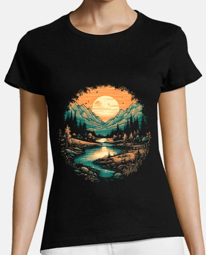 T-shirt fiumi e montagne al tramonto